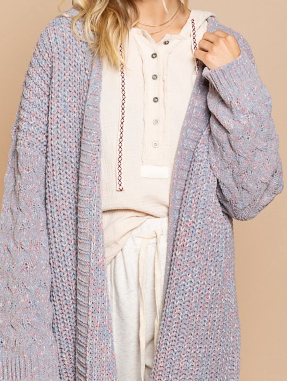 POL Light Gray Open-Front Cable Knit Cardigan | Small